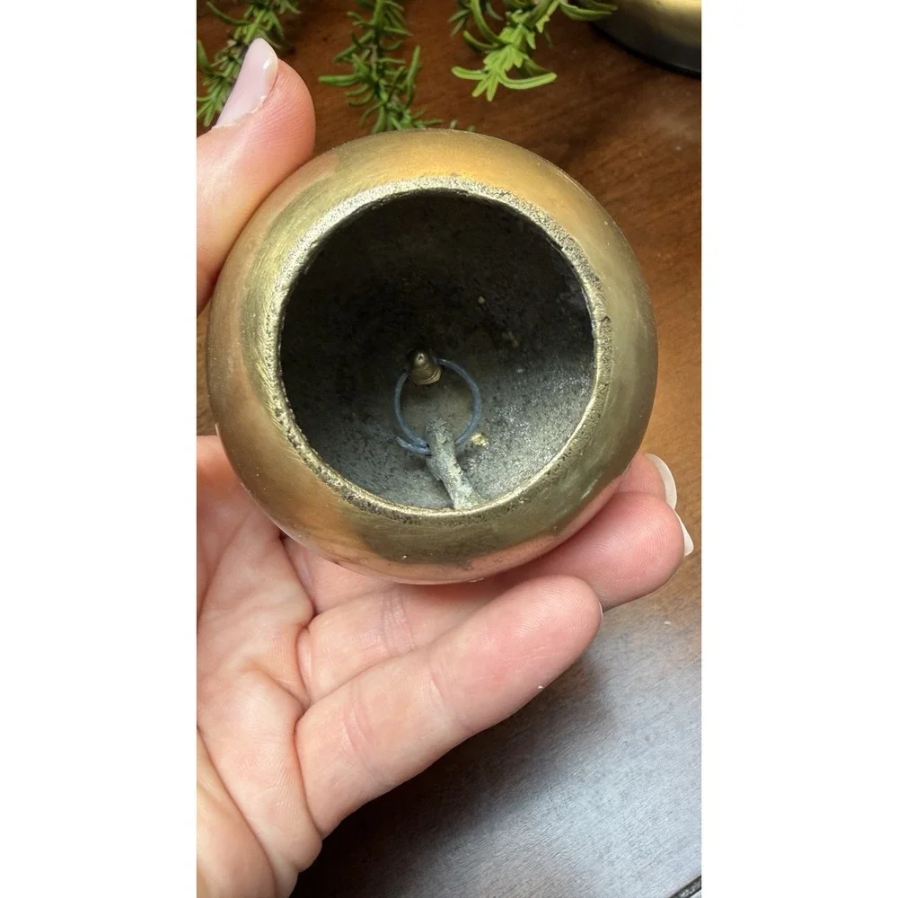 Vintage Brass Apple Bell Paper Weight Solid w/ Clapper Stem & Leaf, Small